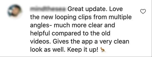 Instagram comment: great update, loves the looping clips from multiple angles, much clearer and cleaner than the old videos.